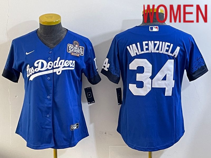 Women Los Angeles Dodgers #34 Valenzuela 2024 World series patch blue jersey 2024112004